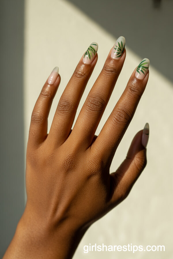 Tropical Leaf Art on Clear Glossy Squoval Nails