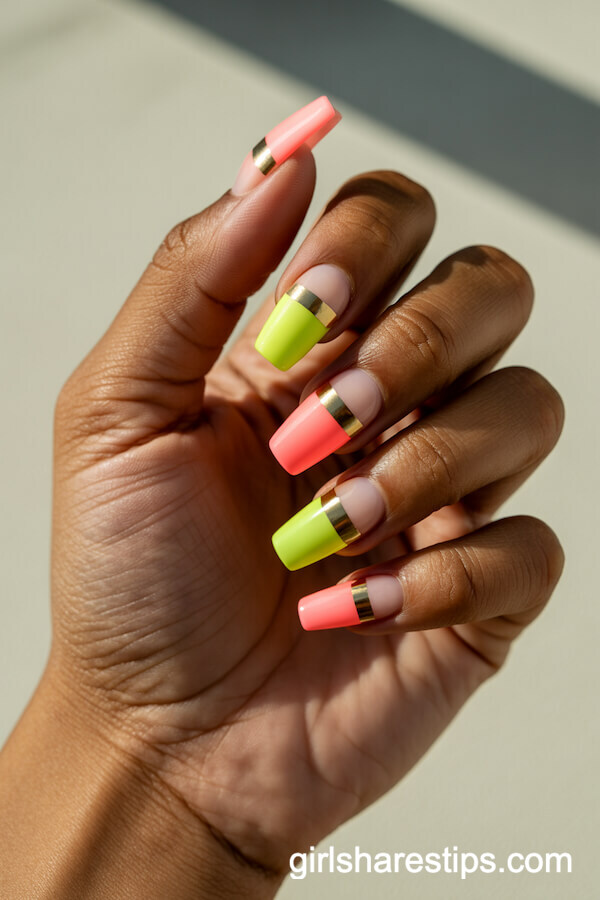 Neon Color Block Coffin Nails with Gold Foil Stripes