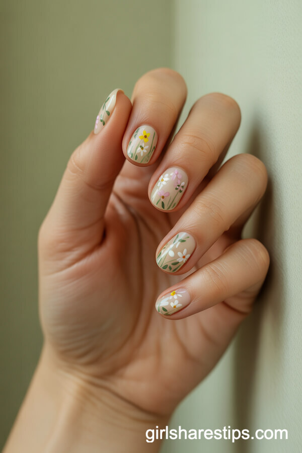 Wildflower-Inspired Round Nails on a Creamy Base