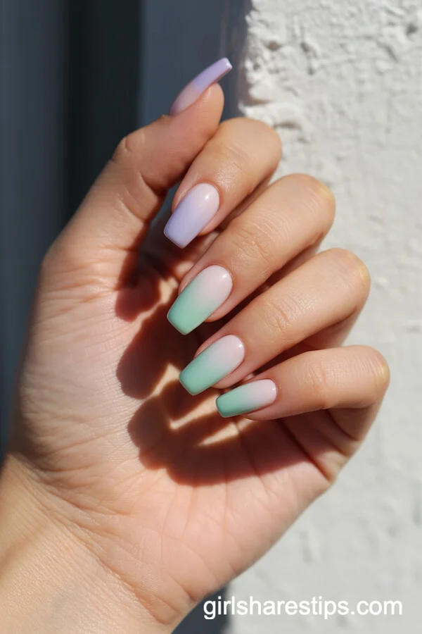 Pastel Ombre Coffin Nails in Lilac, Pink, and Mint Green