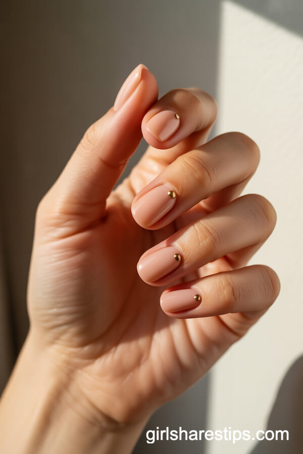 Peach Nude Short Square Nails with Dainty Gold Studs