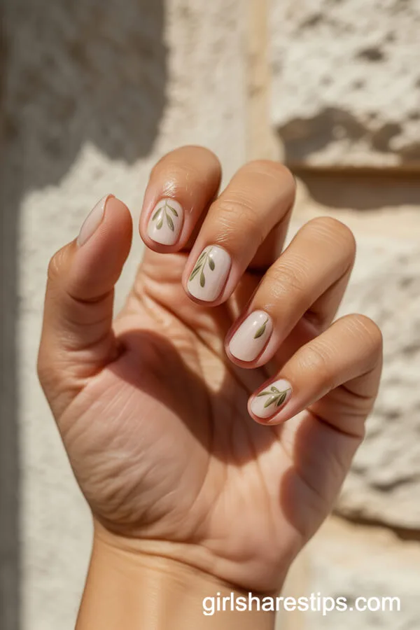 Mediterranean Olive Branch Art on Beige Short Round Nails