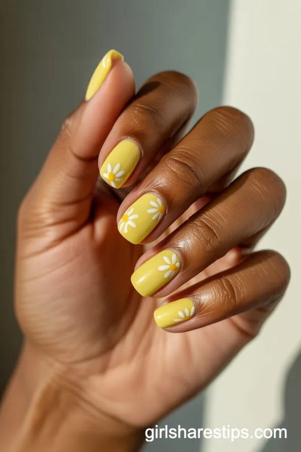 Lemon Yellow Squoval Nails with Playful Daisy Designs