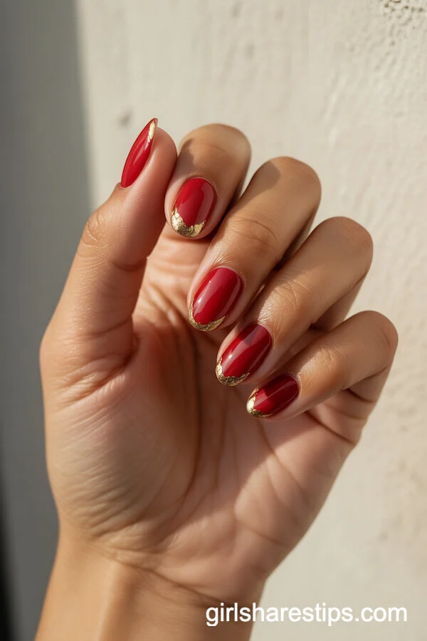 Classic European Red Oval Nails with Gold Foil Tips