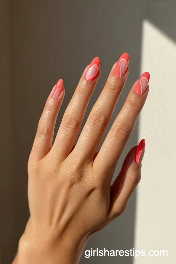 Coral Pink Ballerina Nails with Geometric Negative Space