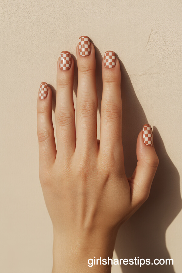Terracotta and White Checkerboard Square Nails Inspired by European Tile