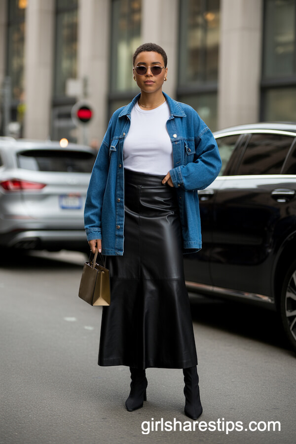 Blue Denim Jacket Leather Skirt