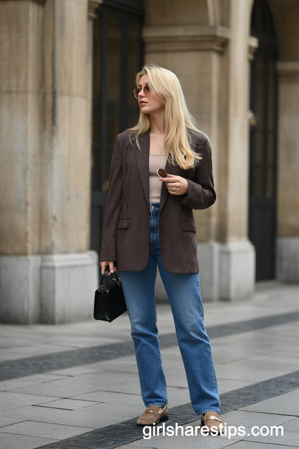 Suede Blazer & Straight-Leg Jeans