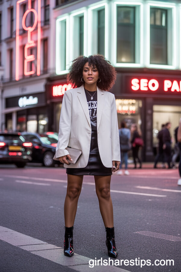 Faux Leather Mini Skirt with Oversized Blazer and Graphic Tee