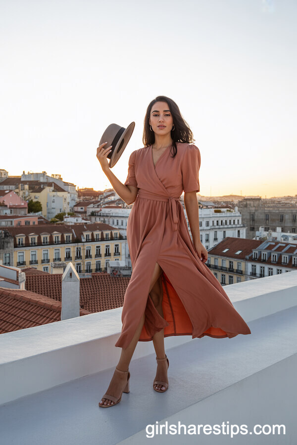 Terracotta Wrap Dress with Heeled Sandals