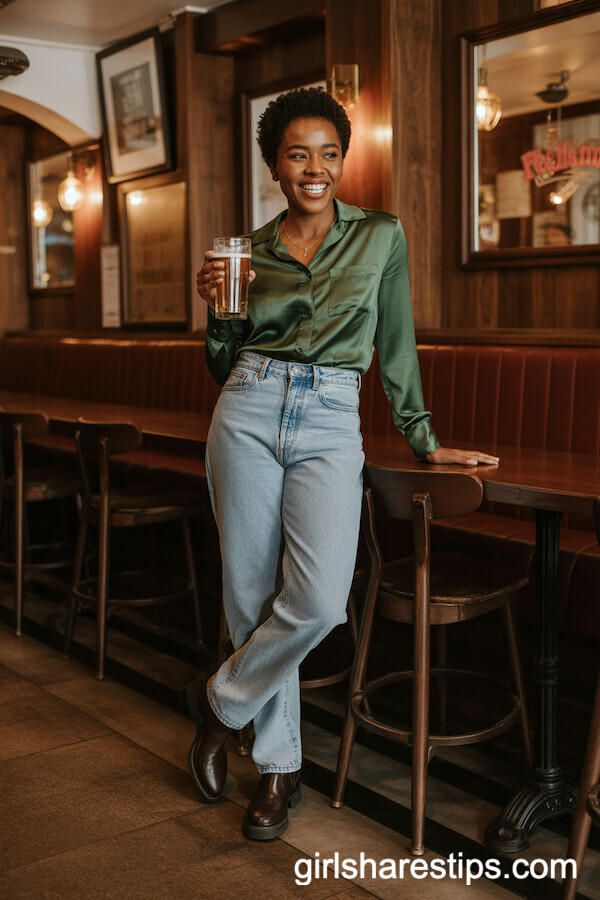 High-Waisted Jeans with Green Silk Shirt and Leather Boots