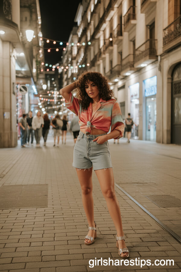High-Waisted Denim Shorts with a Bright Silk Blouse