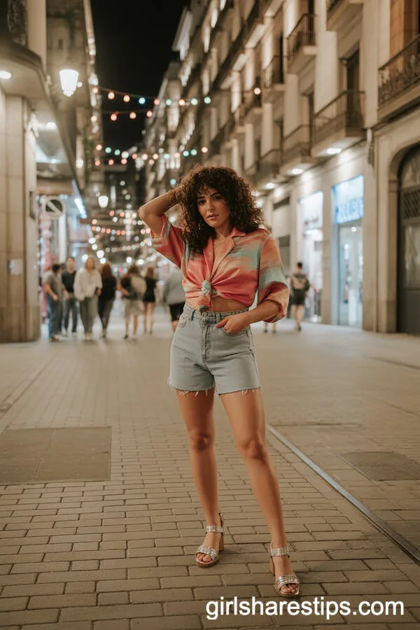 High-Waisted Denim Shorts with a Bright Silk Blouse