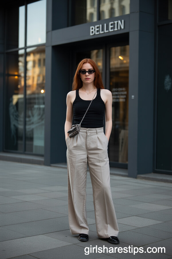 Black Tank Top with Beige Linen Wide-Leg Trousers