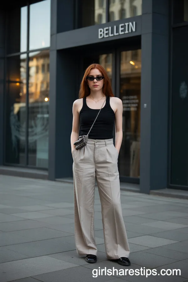 Black Tank Top with Beige Linen Wide-Leg Trousers