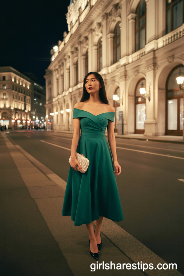 Off-Shoulder Emerald Green Midi Dress with Black Heels