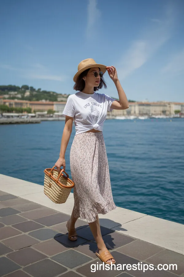 Floral Wrap Skirt and White Graphic Tee by the Sea