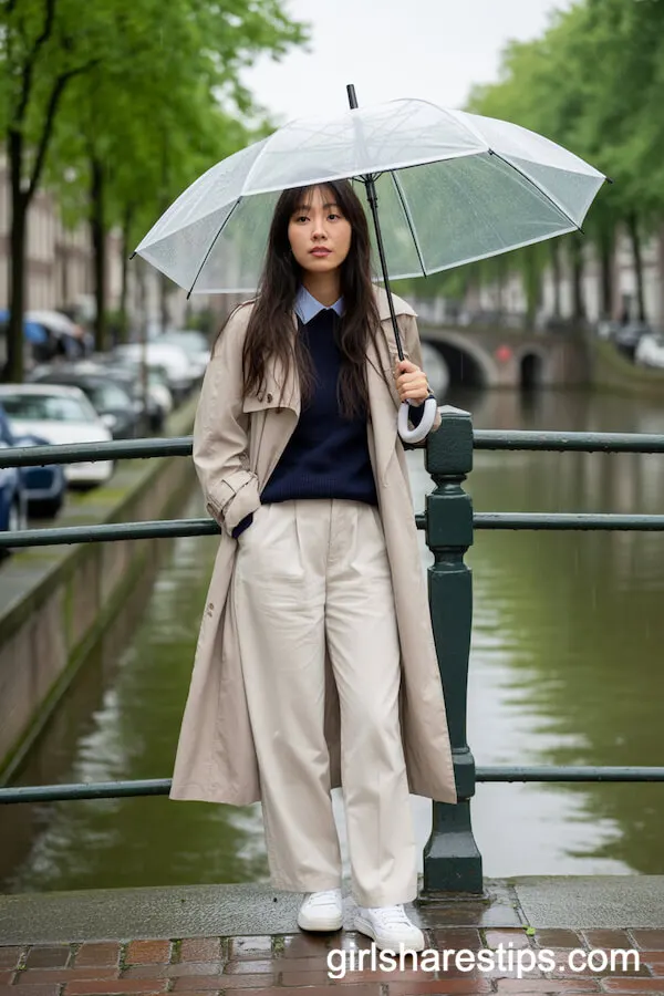 Light Trench Coat and Cream Wide-Leg Trousers for Rainy Days