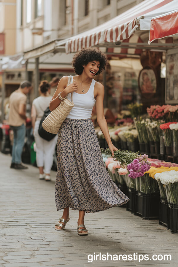 Patterned Maxi Skirt and Simple Tank Top at the Market