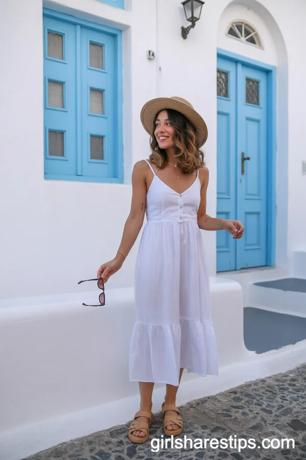 White Linen Midi Dress and Straw Hat for Santorini Style
