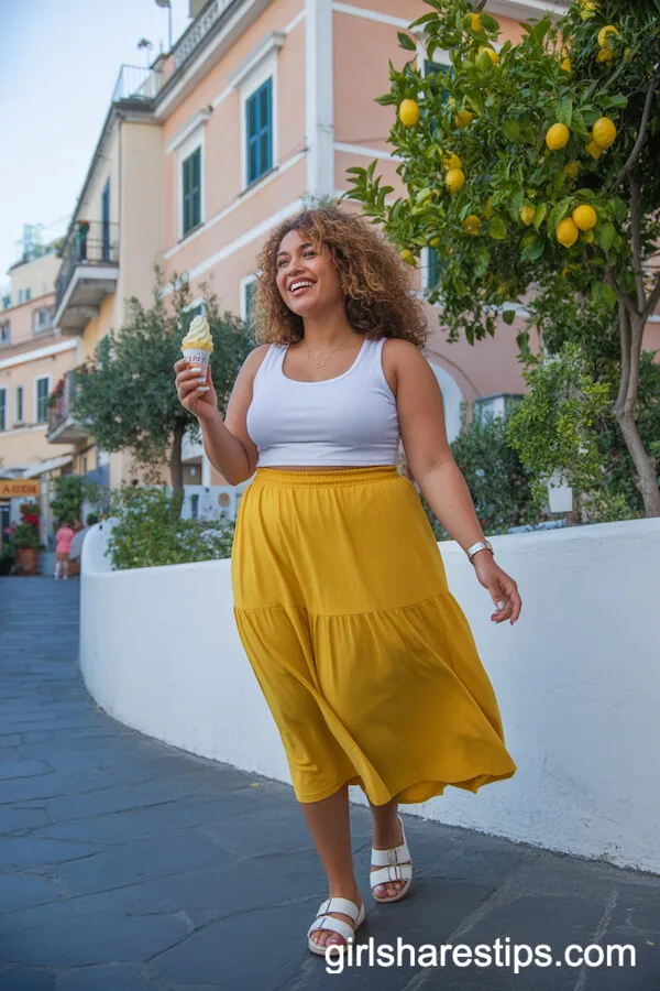 Vibrant Yellow Midi Skirt with Crop Top and Sandals