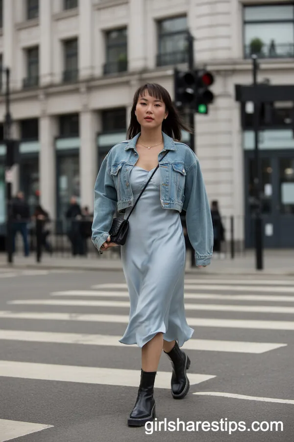 Light Blue Slip Dress Layered with a Cropped Denim Jacket