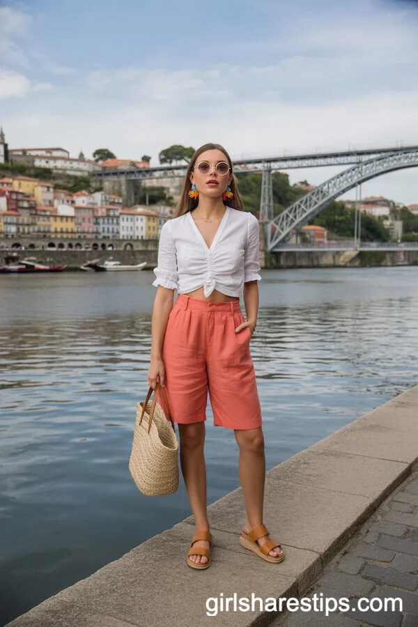 Coral Bermuda Shorts with Ruffle Blouse by the River