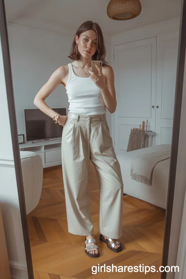 Monochrome Beige Outfit with Wide-Leg Trousers