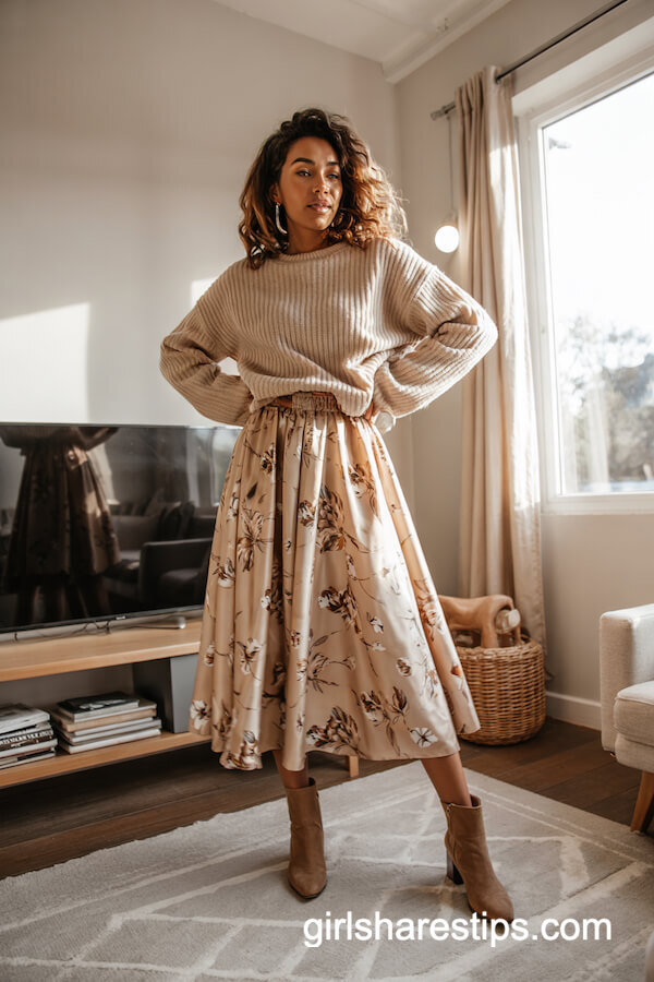 Chunky Knit Sweater & Floral Midi Skirt