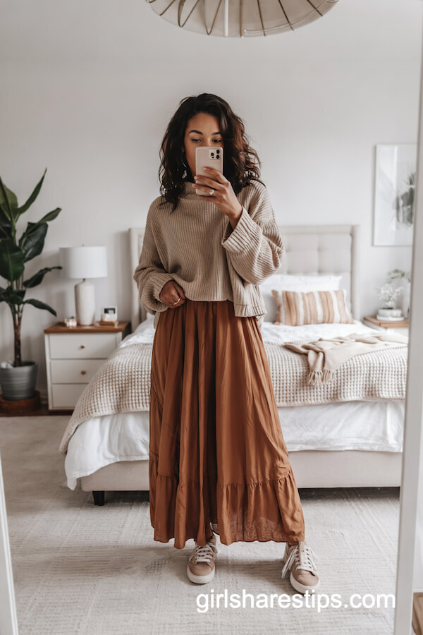 Chunky Oatmeal Sweater & Rust Maxi Skirt