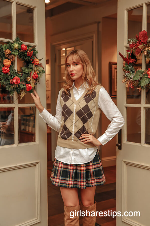 Argyle Sweater Vest & Plaid Skirt Combo