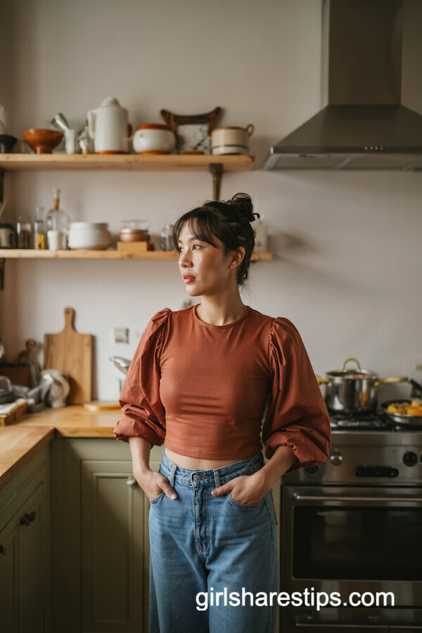 Rust Statement Sleeve Top & Blue Jeans