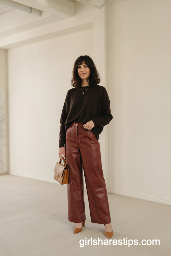 Dark Brown Sweater & Burgundy Wide-Leg Pants