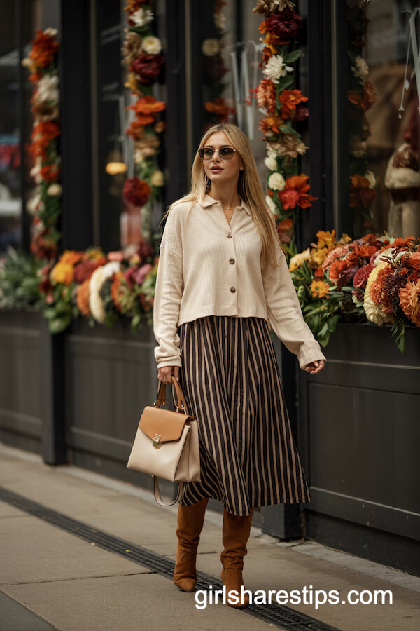 Cream Sweater & Striped Midi Skirt Chic
