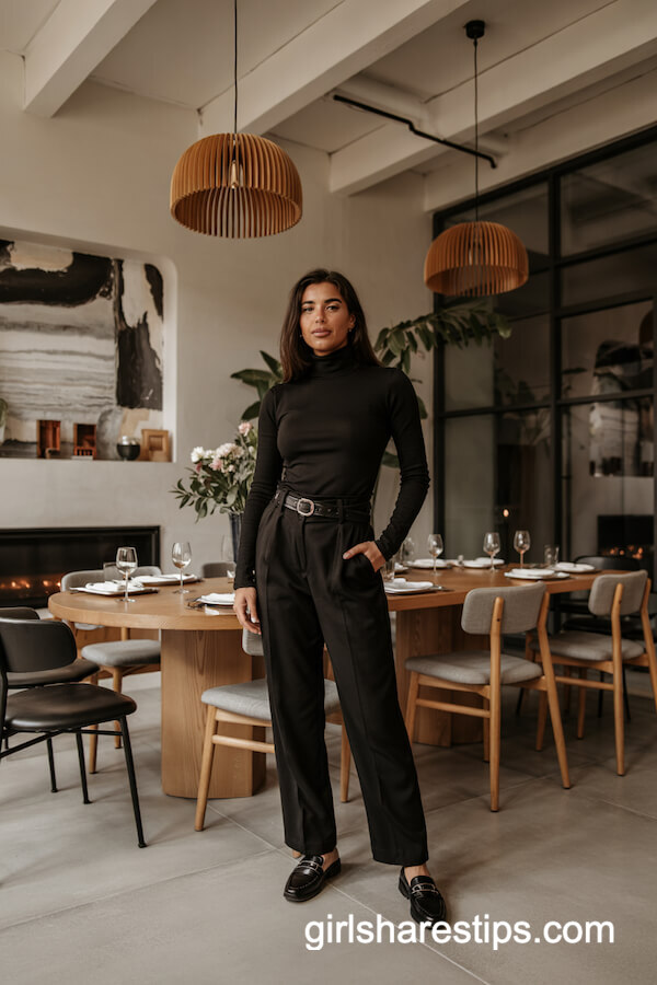 All-Black Turtleneck & Belted Trousers Look