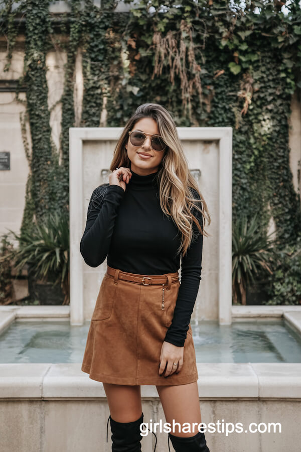 Black Turtleneck & Suede Mini Skirt