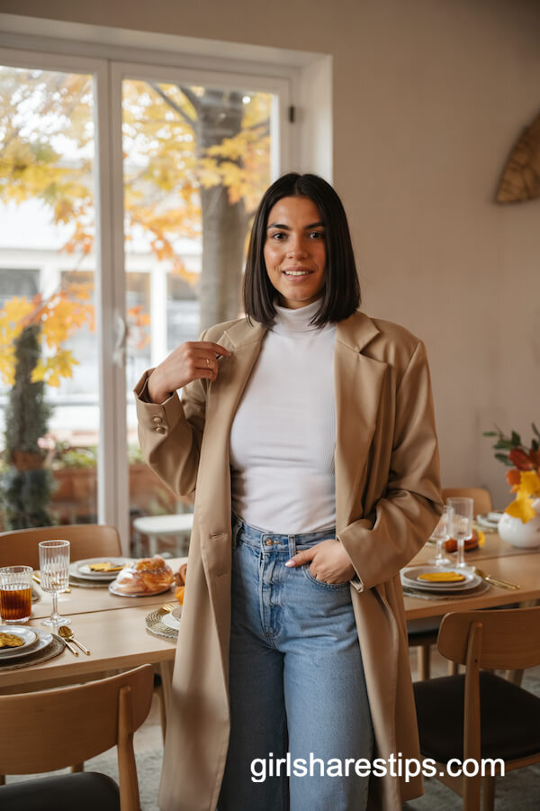 High-Waisted Jeans, Turtleneck & Camel Blazer