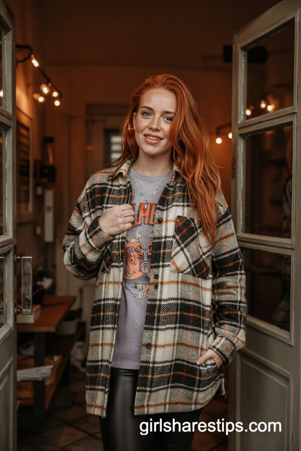 Plaid Shacket, Graphic Tee & Leather Leggings