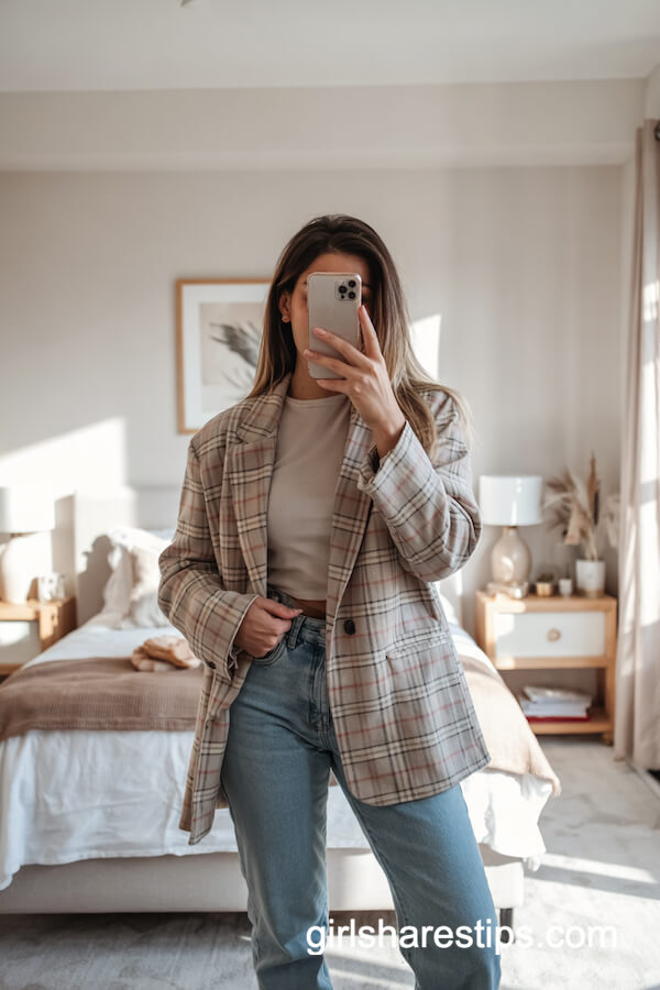 Oversized Check Blazer & Straight-Leg Jeans