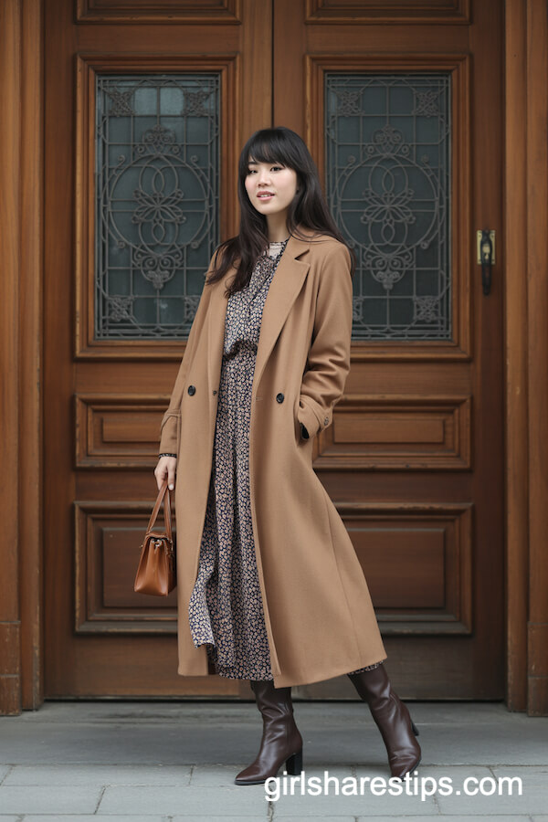 Camel Coat Floral Dress Ensemble