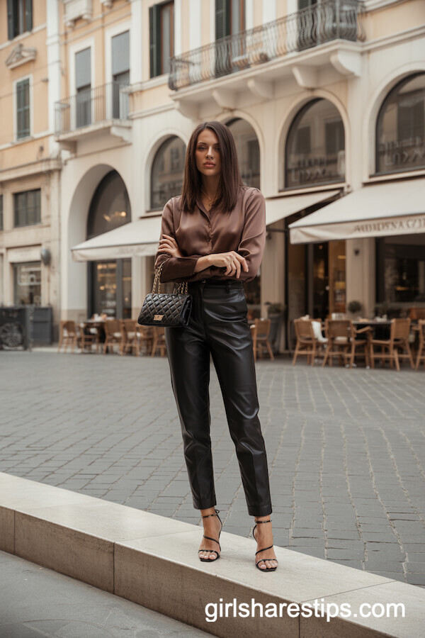 Leather Pants Silky Blouse Look