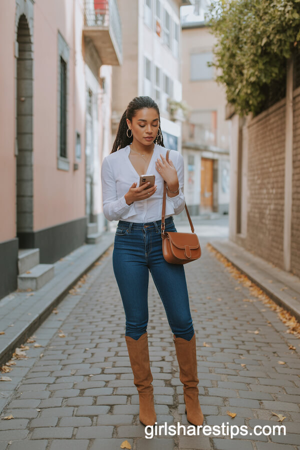 Skinny Jeans & White Blouse Pairing