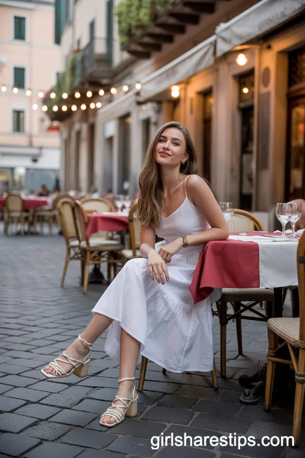 Flowy White Linen Midi Dress with Strappy Sandals