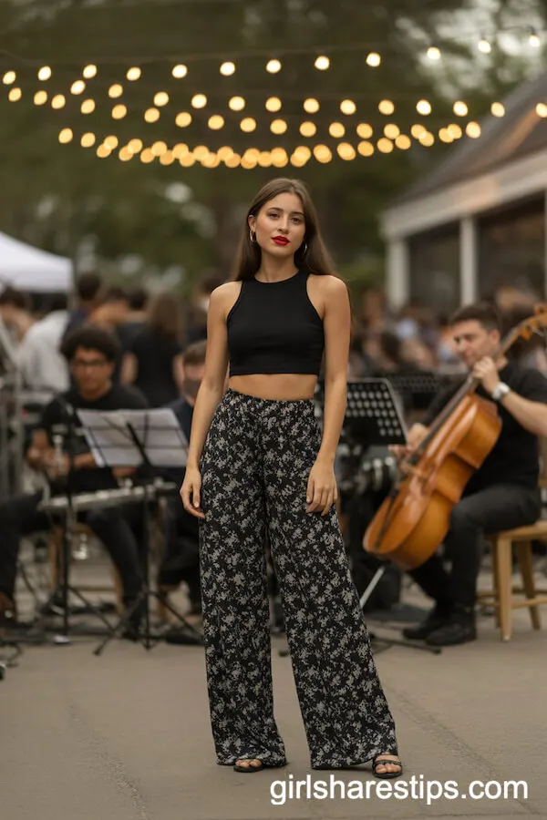 Black Cropped Top with Floral Palazzo Pants