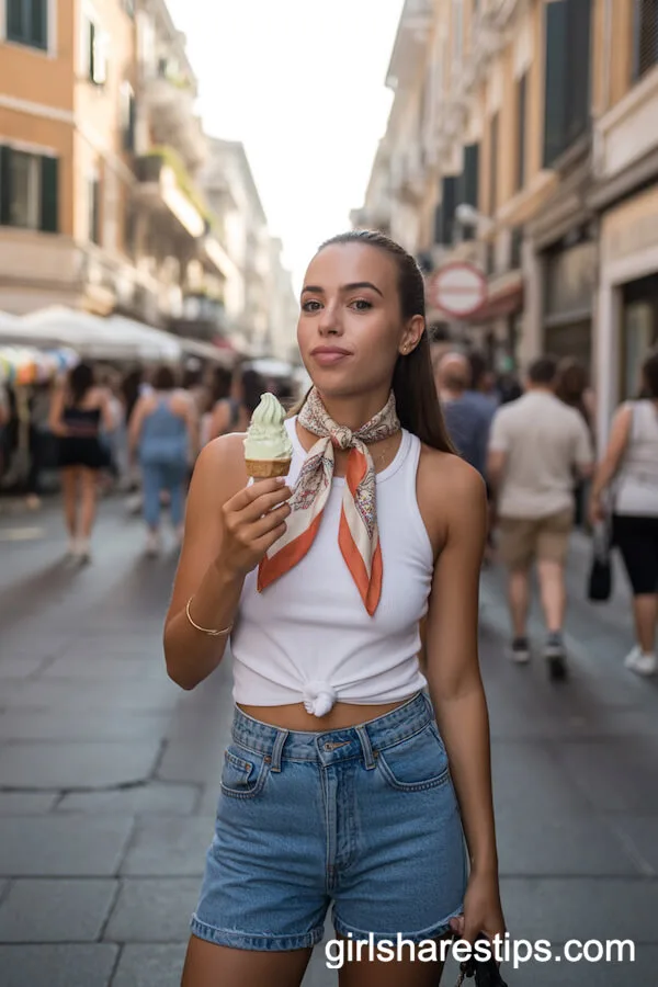 High-Waisted Denim Shorts with Printed Silk Scarf
