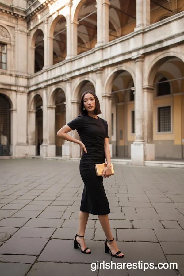 Elegant Fitted Black Midi Dress with Block-Heeled Sandals