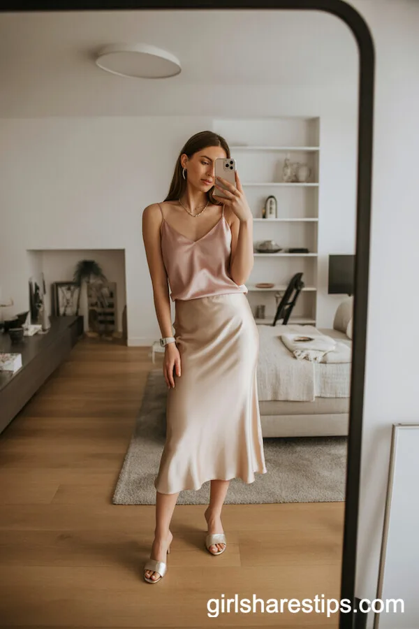 Blush Pink Silk Cami with Champagne Slip Skirt
