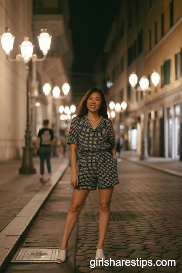 Trendy Patterned Romper with White Mules