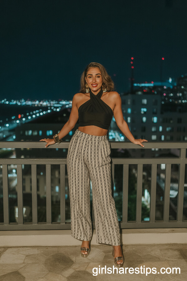 High-Waisted Statement Pants with Black Halter Top
