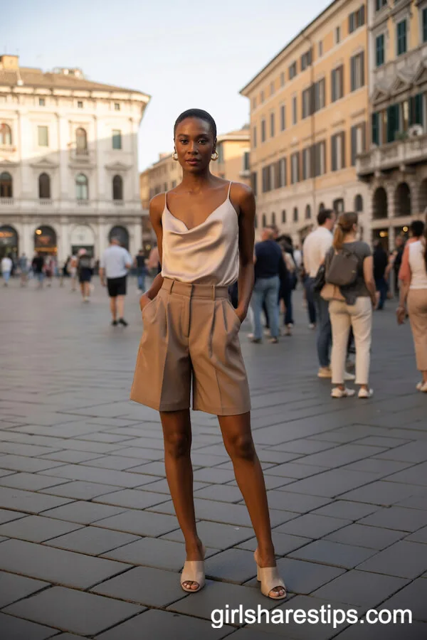 High-Waisted Tailored Beige Shorts and Silk Camisole